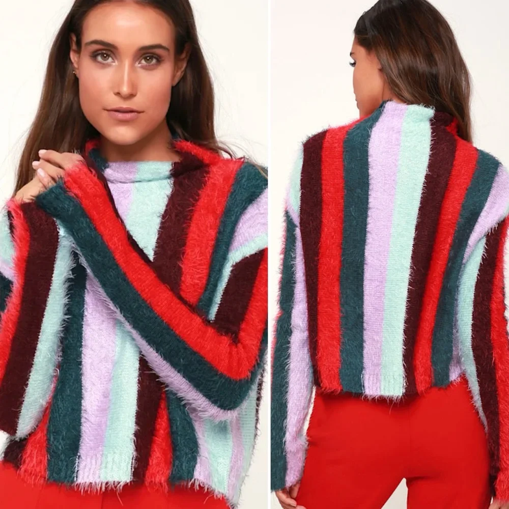 Blank NYC The Mad Hatter Multi Striped Fuzzy Mock Neck Sweater Top